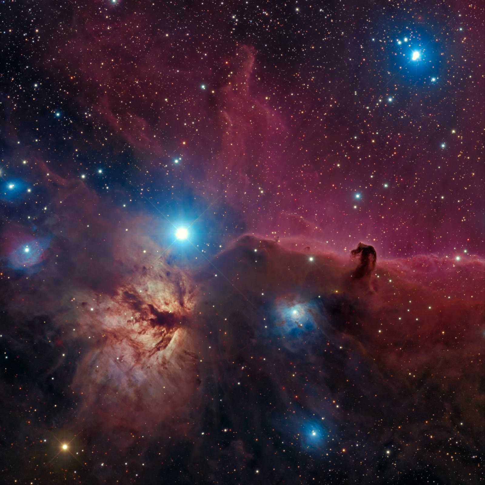 Alnitak, the easternmost star of Orion's Belt, is the brilliant blue star left of centre, with the Flame Nebula glowing just below it and the dark Horsehead Nebula to the right.