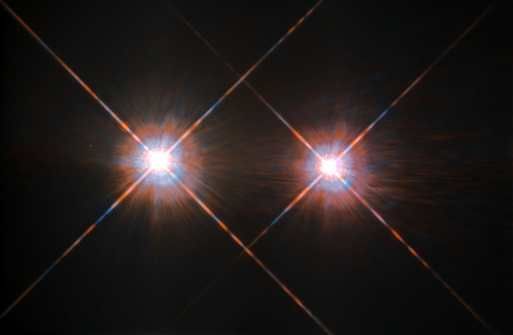 A Hubble Space Telescope image of the two bright stars of the Alpha Centauri system, with Alpha Centauri A (Rigil Kentaurus) on the left and Alpha Centauri B on the right.